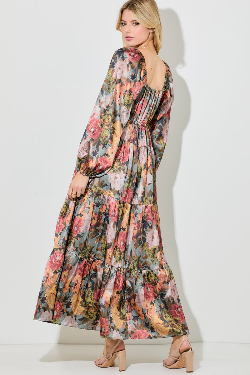 PRINTED FLORAL TIERED MAXI DRESS