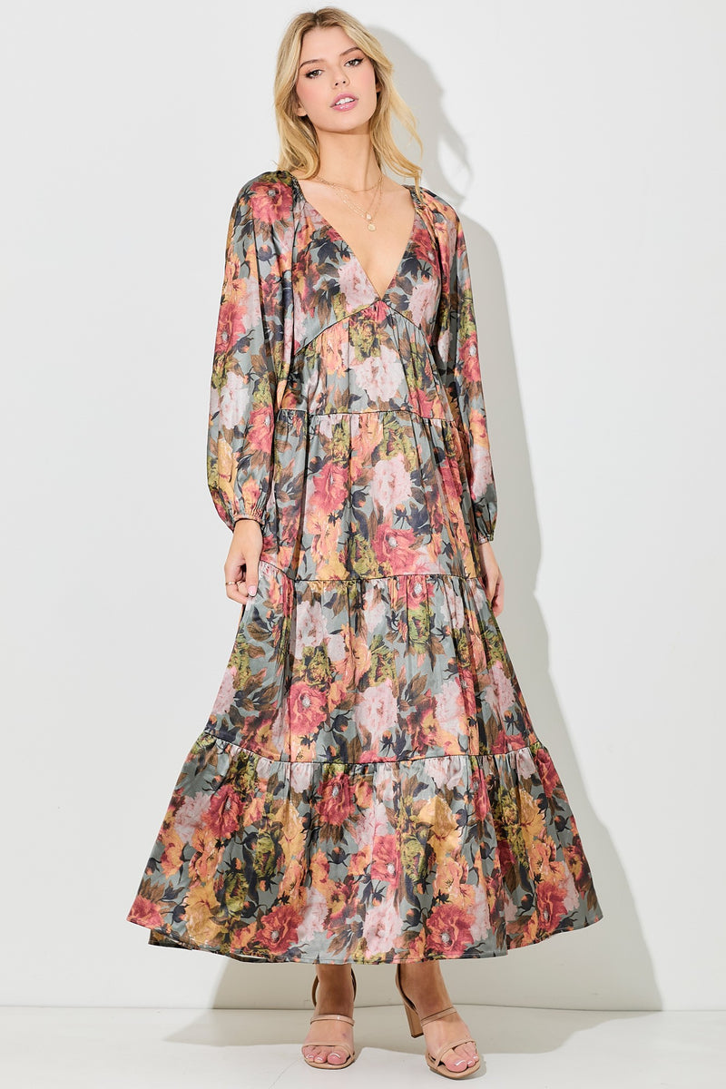 PRINTED FLORAL TIERED MAXI DRESS