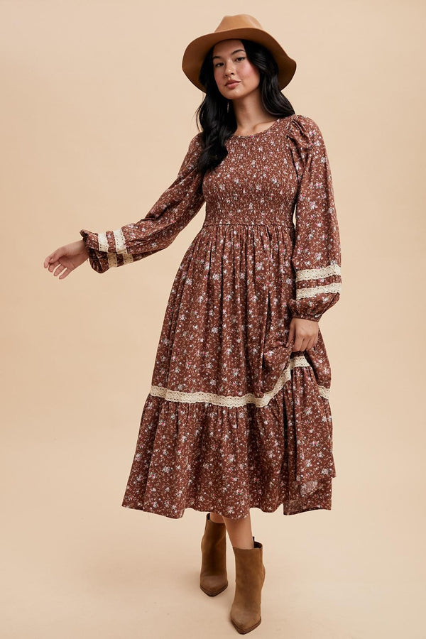 SMOCKED FLORAL COTTON MAXI DRESS in Mocha