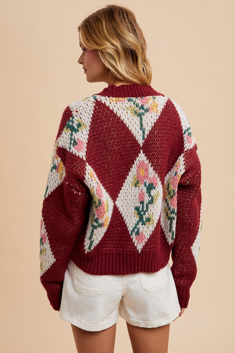 CROPPED CHUNKY FLORAL CARDIGAN (MERLOT)