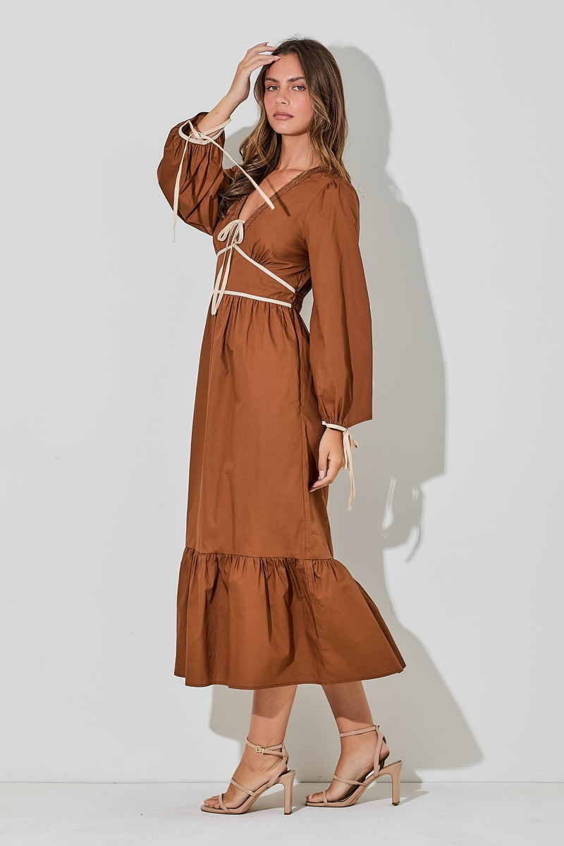 V-NECK LONG SLEEVE MAXI DRESS