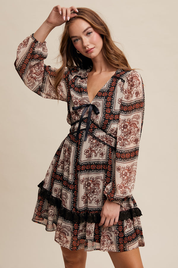 Vintage Floral Bow Neck Mini Dress