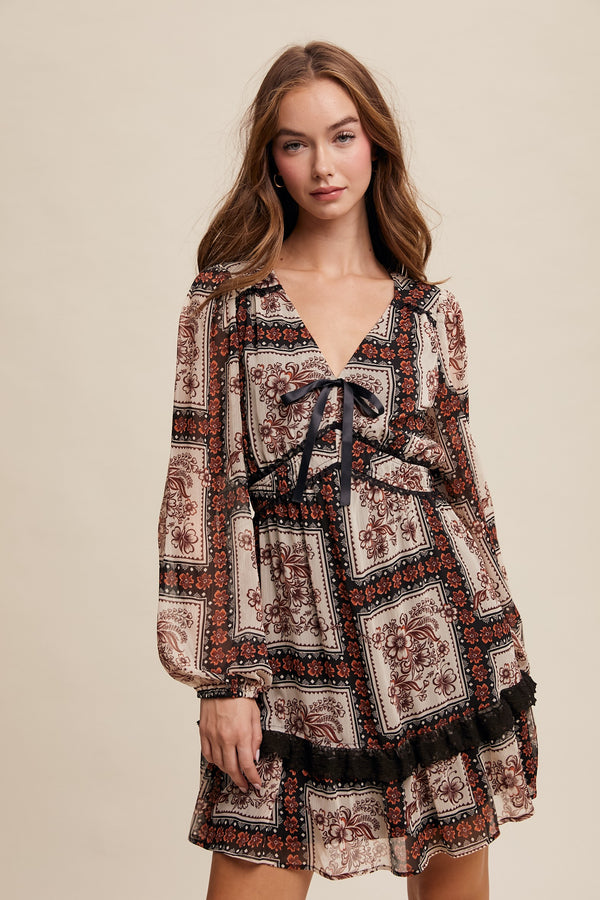 Vintage Floral Bow Neck Mini Dress