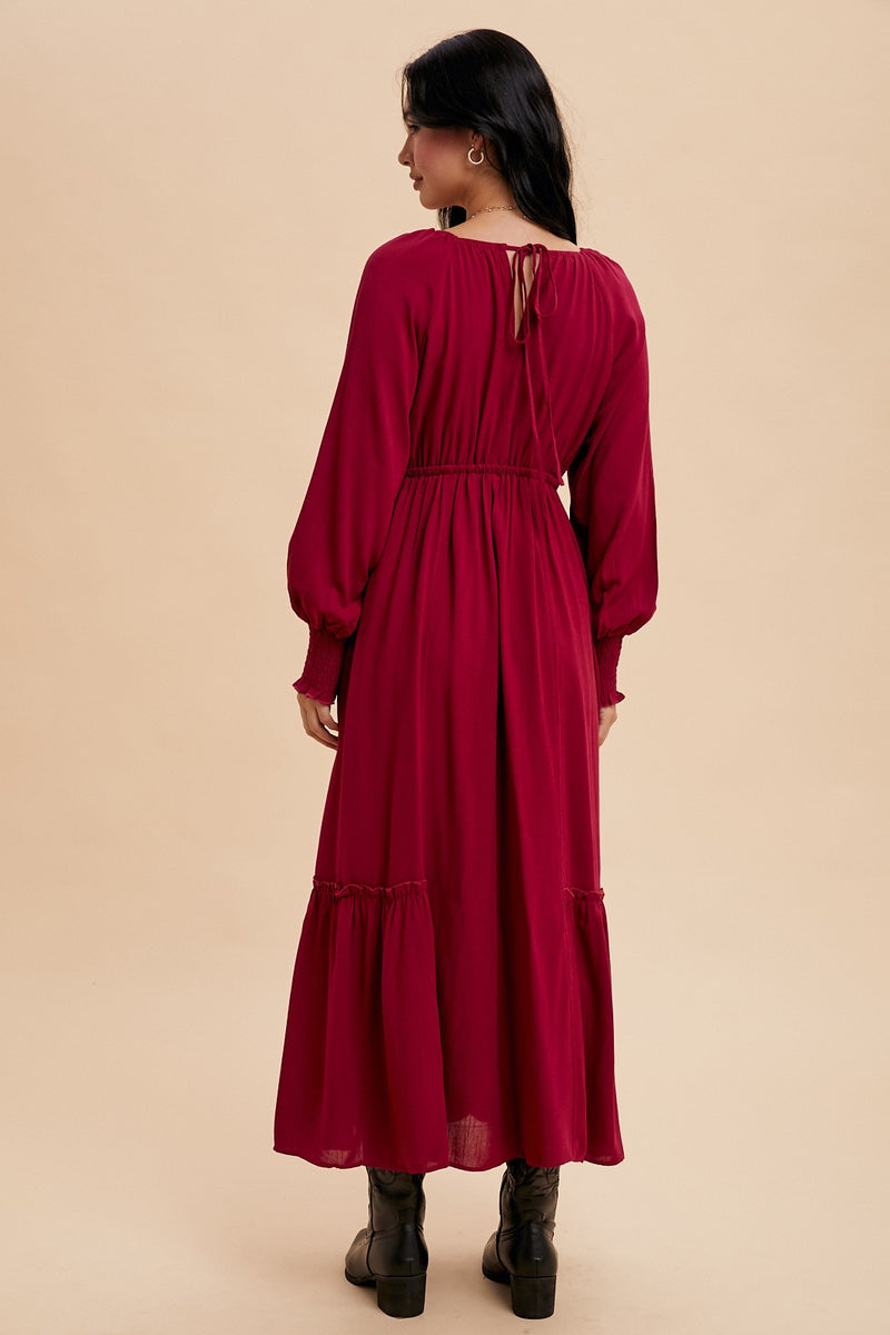 GATHERED LONG SLEEVE MAXI DRESS