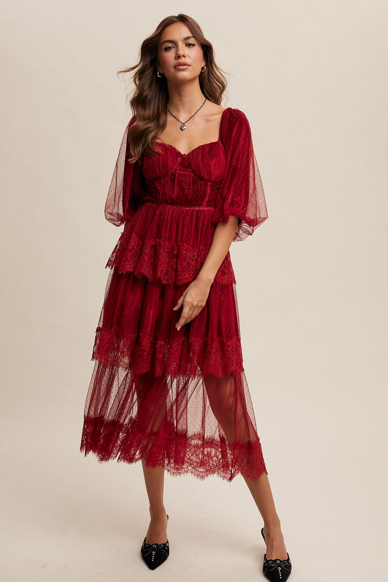 Romantic Lace Midi Dress in Oxblood