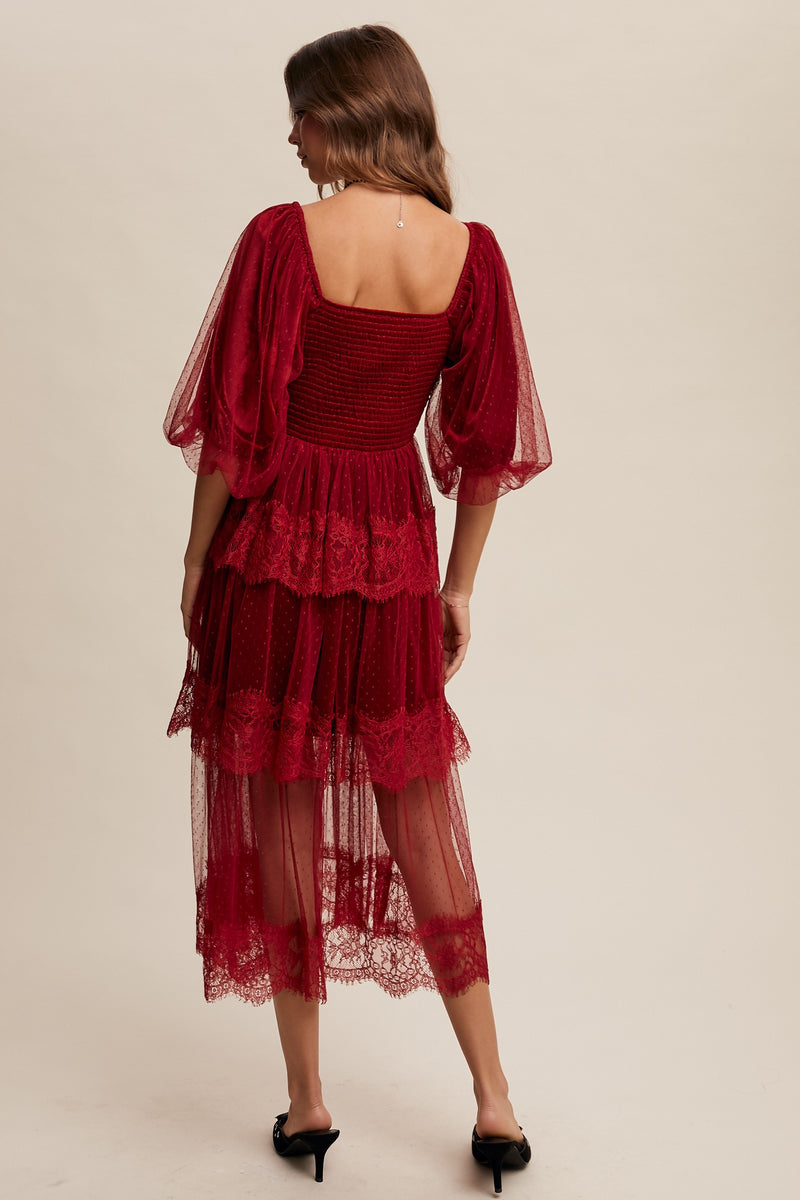Romantic Lace Midi Dress in Oxblood