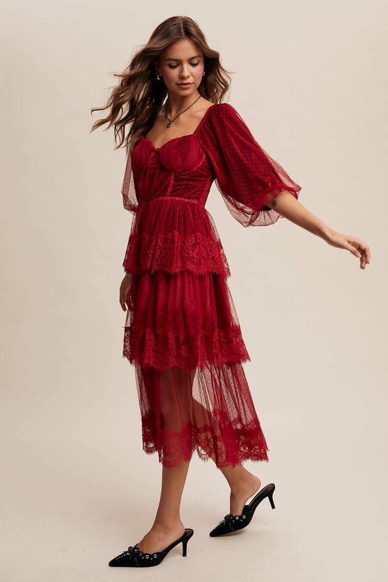 Romantic Lace Midi Dress in Oxblood