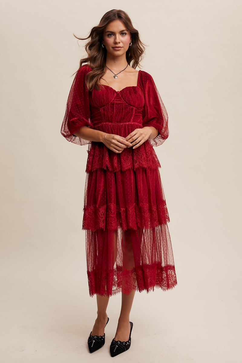 Romantic Lace Midi Dress in Oxblood