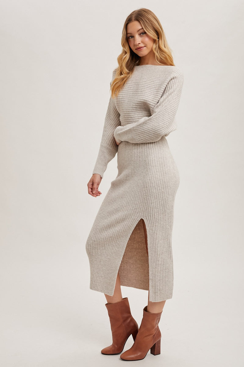 One Shoulder Off Side Slit Midi Knit Sweater Dress in Oatmeal