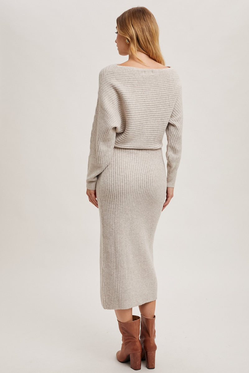 One Shoulder Off Side Slit Midi Knit Sweater Dress in Oatmeal