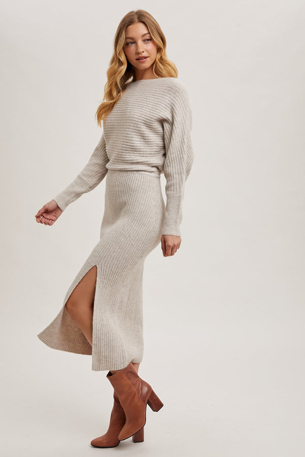 One Shoulder Off Side Slit Midi Knit Sweater Dress in Oatmeal