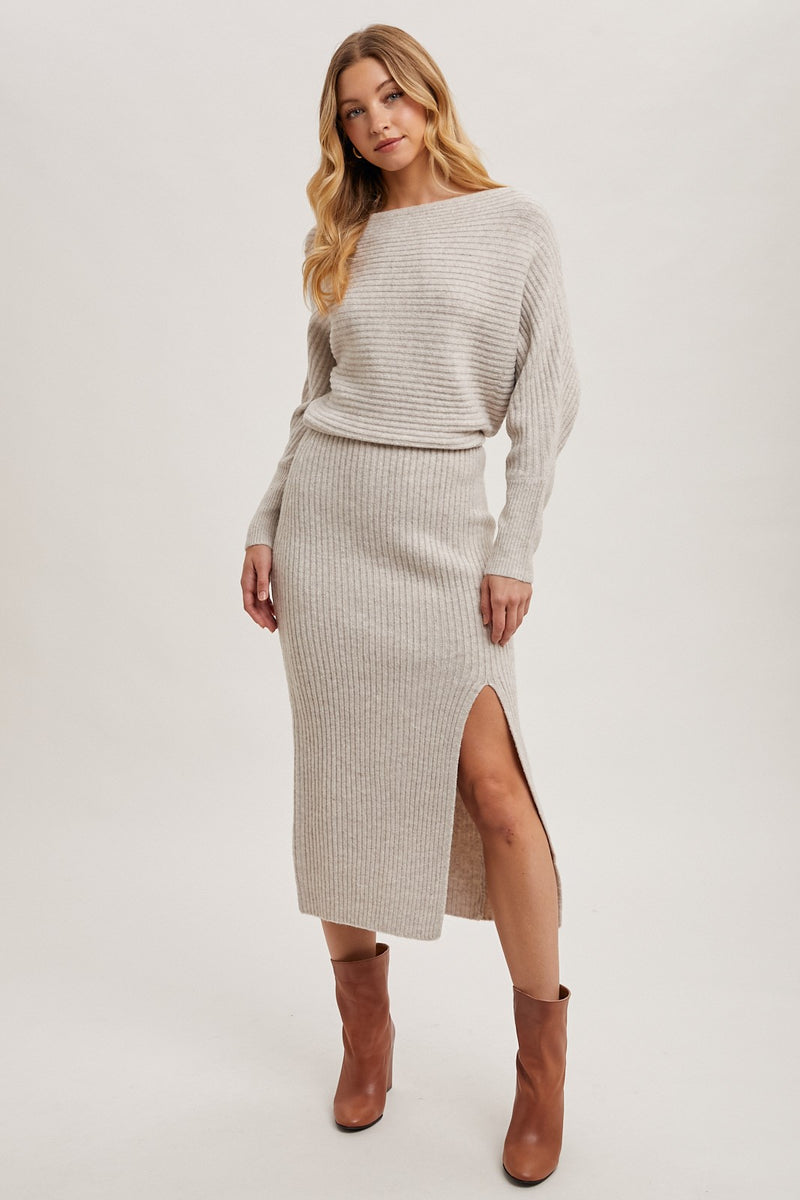 One Shoulder Off Side Slit Midi Knit Sweater Dress in Oatmeal