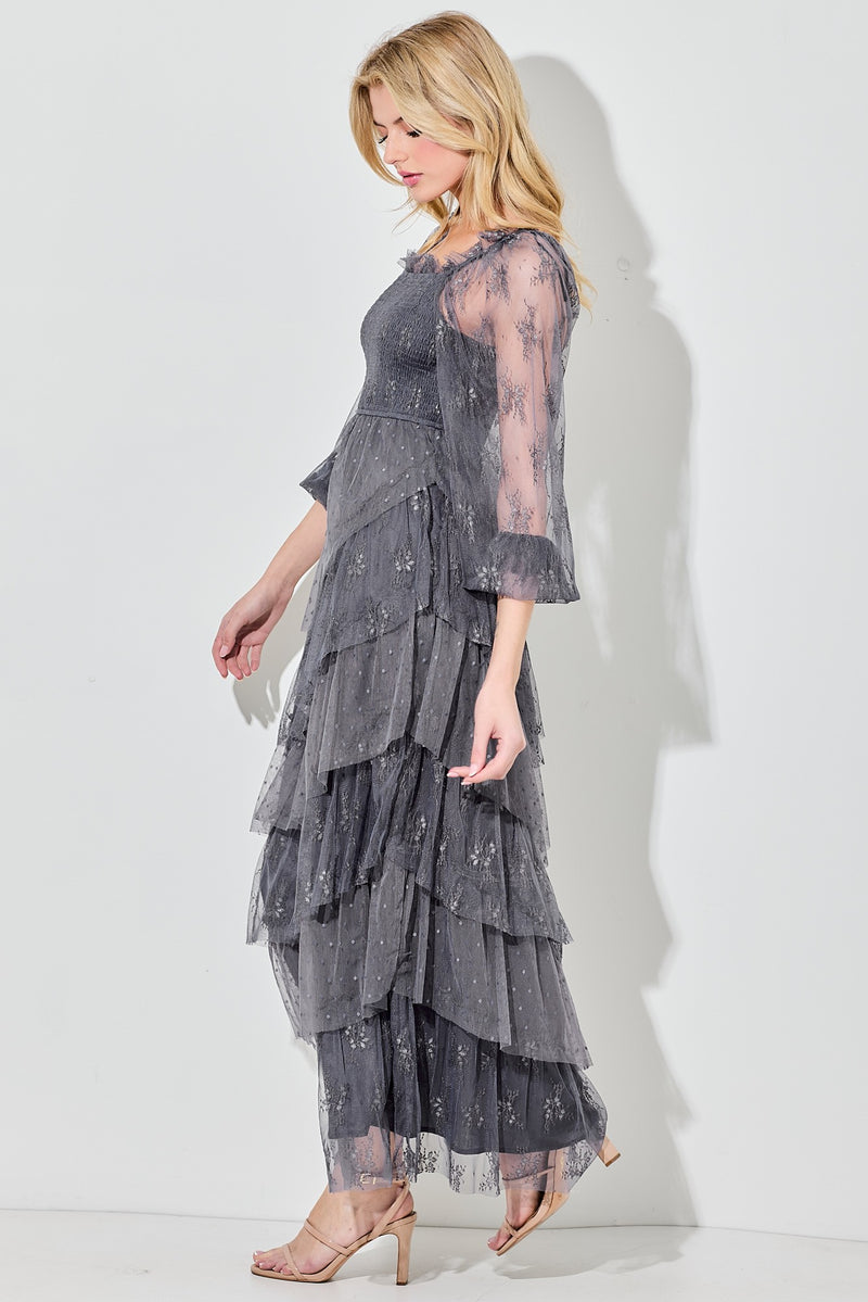 LACE TIERED MAXI DRESS in Slate Blue