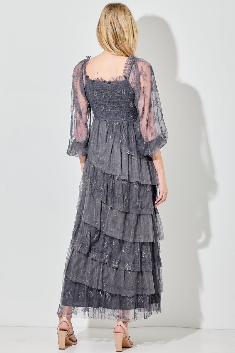 LACE TIERED MAXI DRESS in Slate Blue