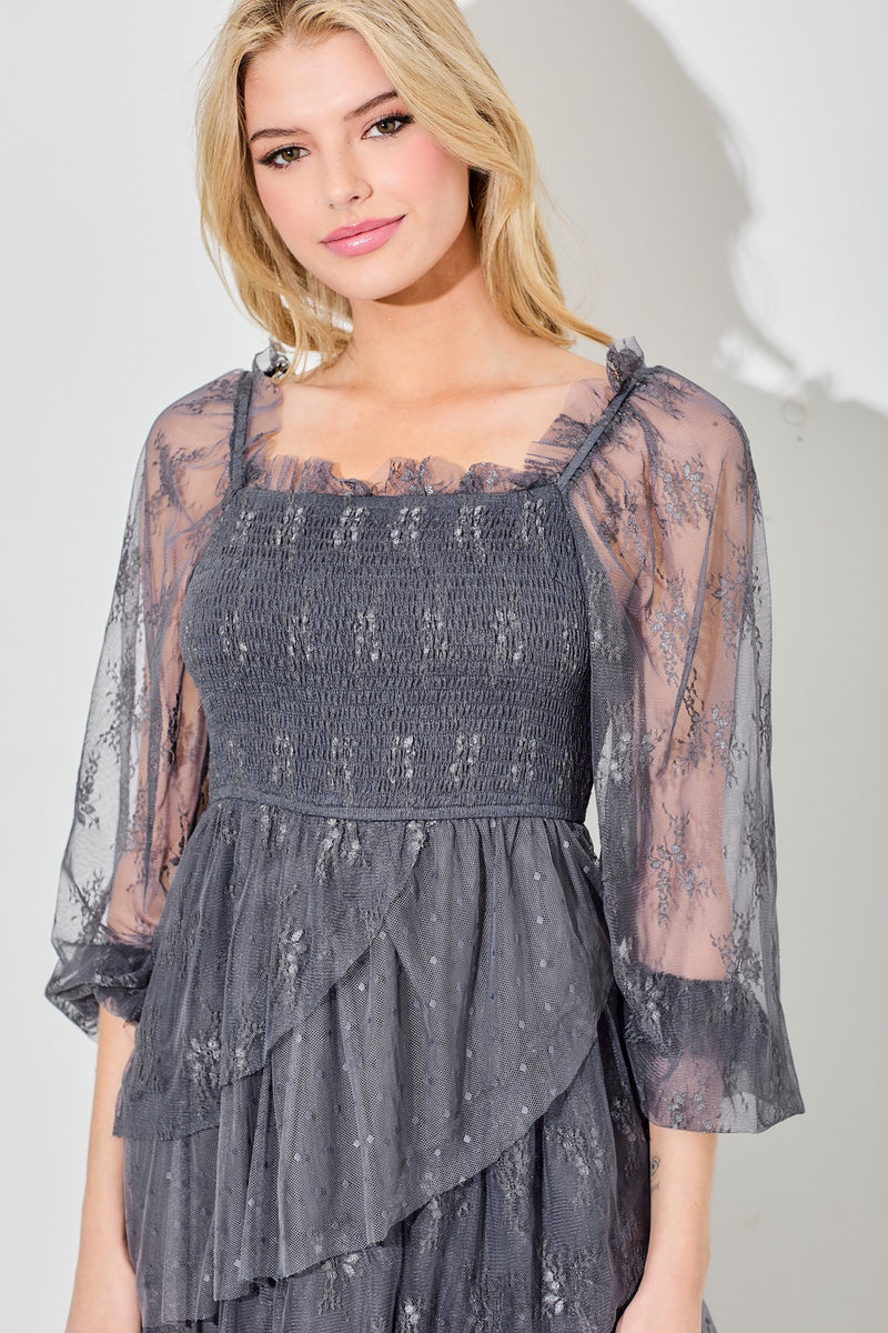 LACE TIERED MAXI DRESS in Slate Blue