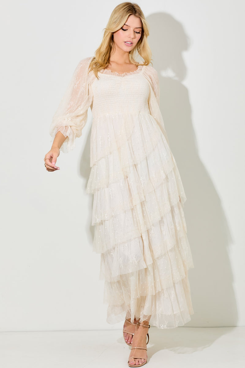 LACE TIERED MAXI DRESS in Cream