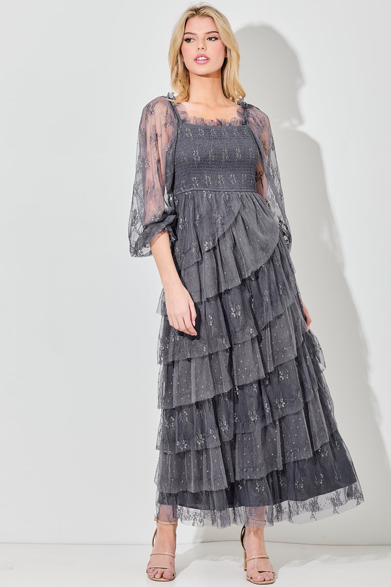 LACE TIERED MAXI DRESS in Slate Blue