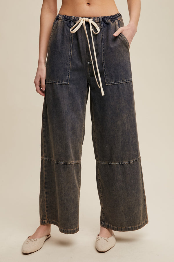 Wide-Leg Denim Drawstring Pants