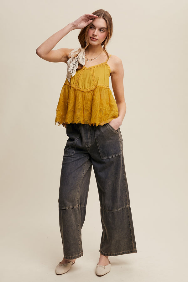 Wide-Leg Denim Drawstring Pants