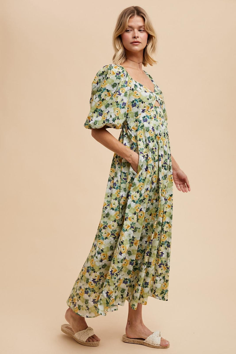 FLORAL COTTON MAXI DRESS in Fern- Final Sale