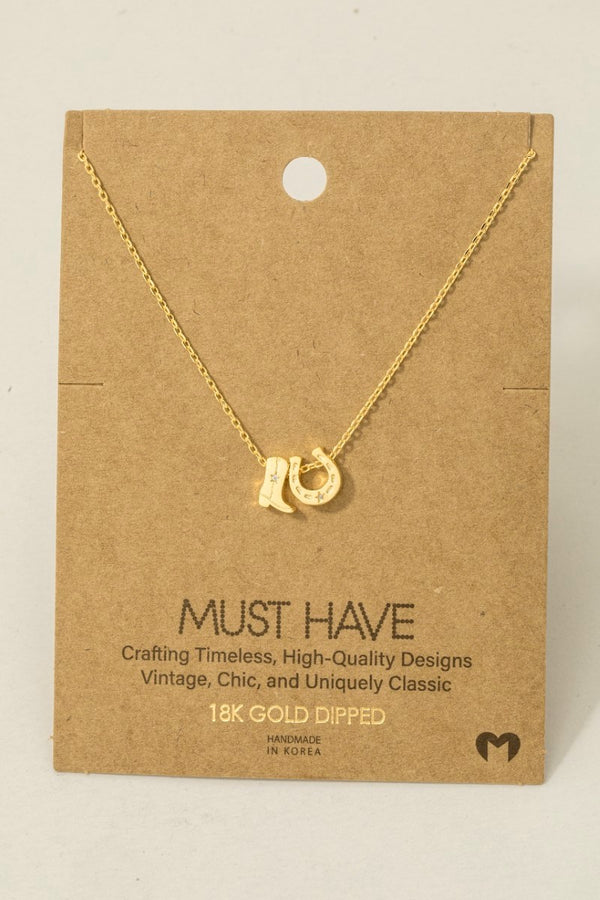 Western Cowboy Boots Horse Shoe Charm Necklace - Rhodium Plated & 18K Gold Dipped