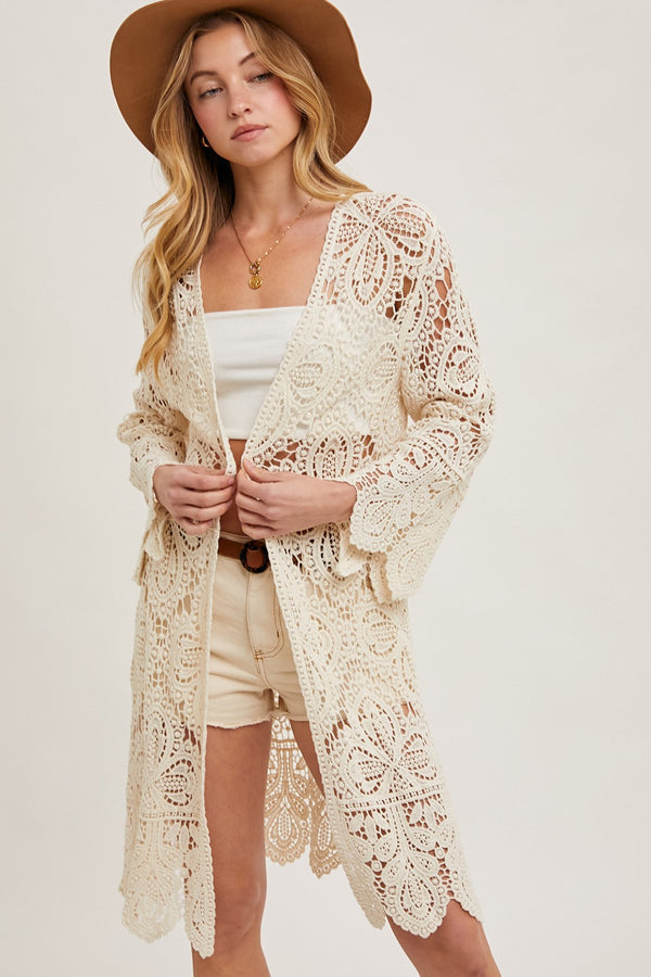 Natural Crochet Open Front Bell Sleeved Cardigan
