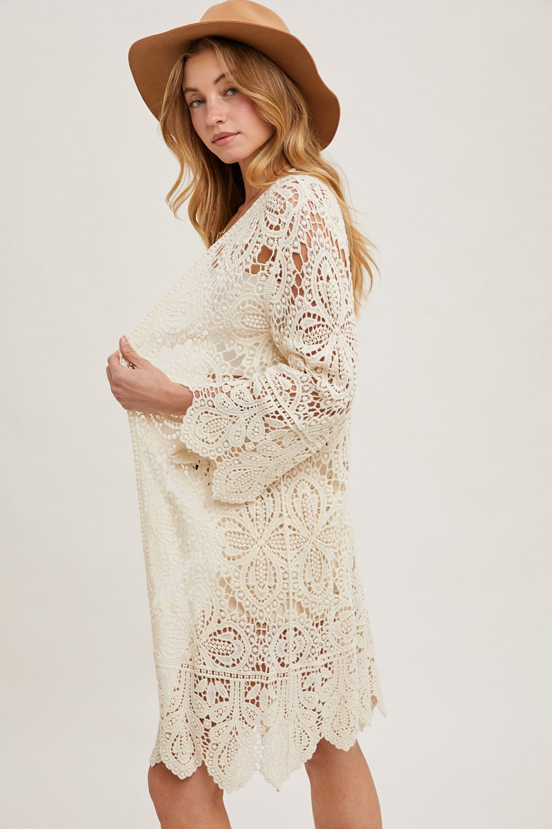 Natural Crochet Open Front Bell Sleeved Cardigan