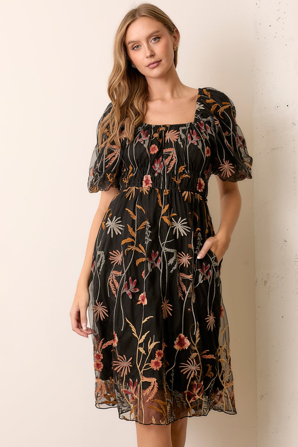 EMBROIDERED MESH BUBBLE SLEEVE DRESS