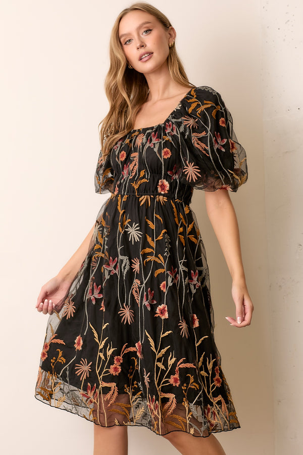 EMBROIDERED MESH BUBBLE SLEEVE DRESS