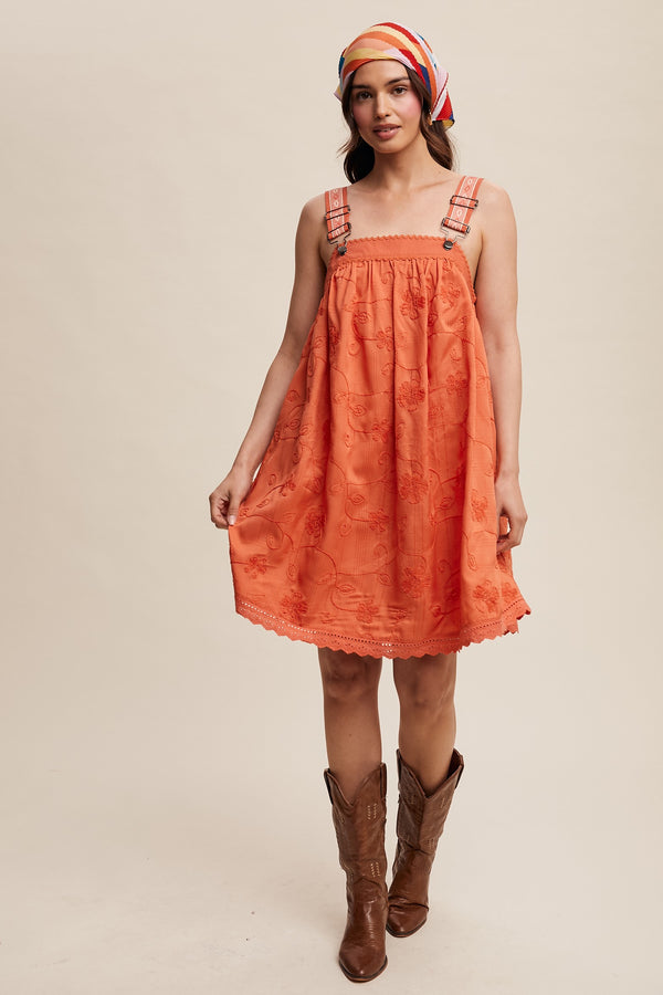 Romantic Embroidered Overall Dress in Coral
