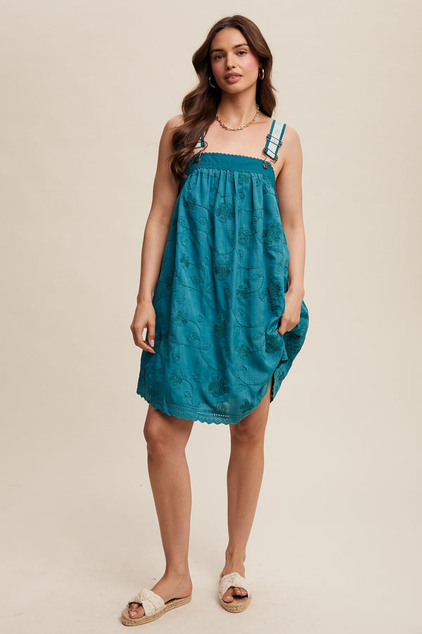 Romantic Embroidered Overall Dress in Teal Green