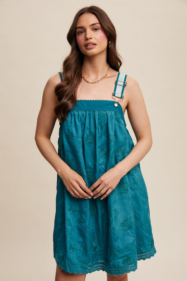 Romantic Embroidered Overall Dress in Teal Green
