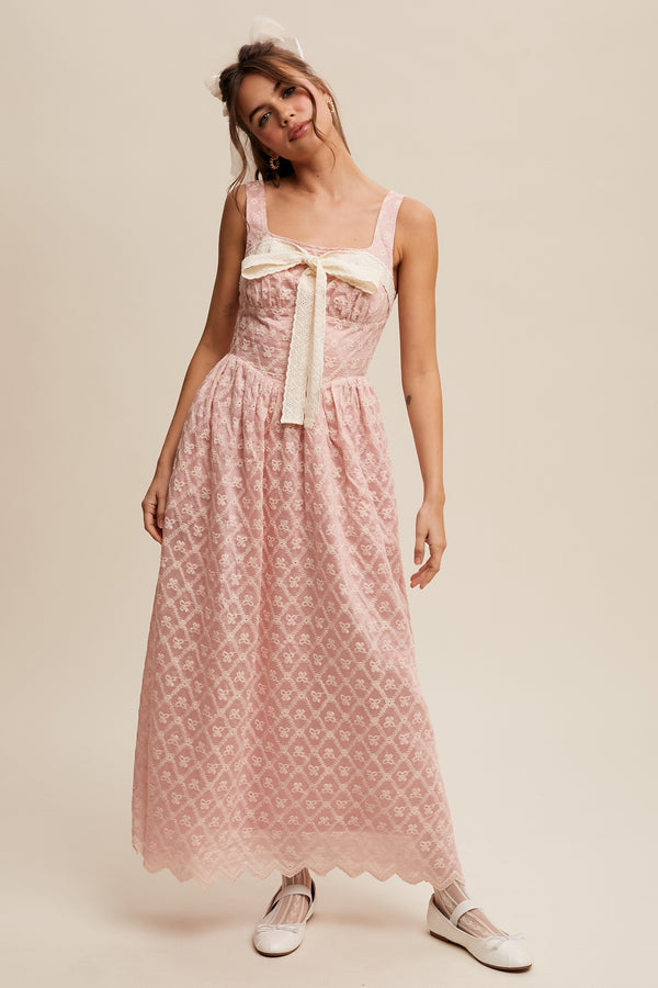 Bow Embroidered Eyelet Lace Square Neck Maxi Dress
