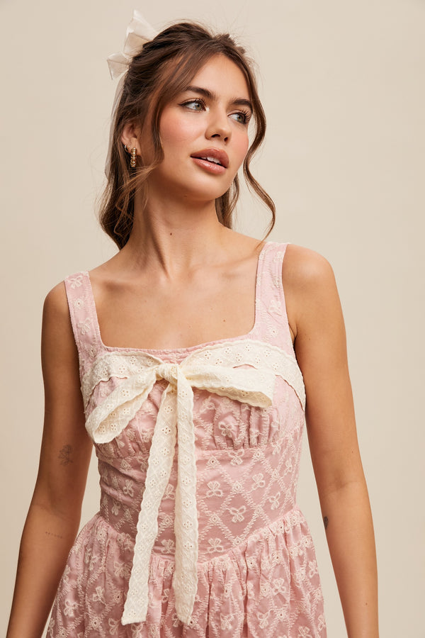 Bow Embroidered Eyelet Lace Square Neck Maxi Dress