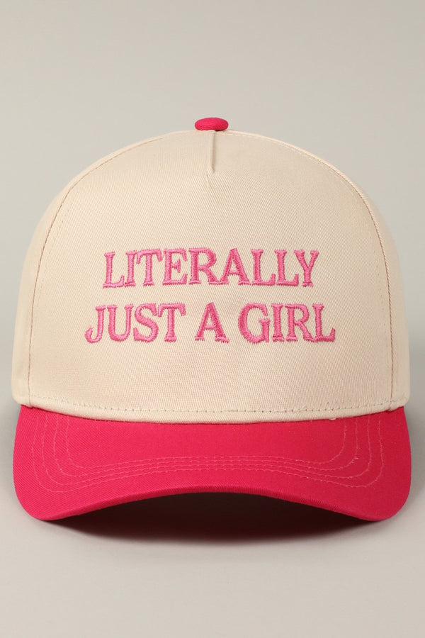 Literally Just A Girl Embroidery Two Tone Trucker Hat in Fuchsia