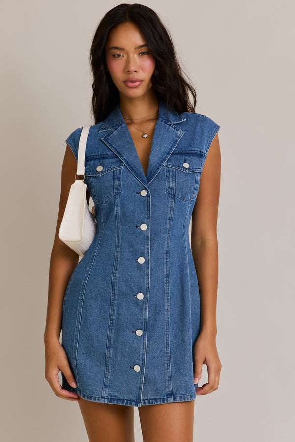 Collared Sleeveless Denim Dress