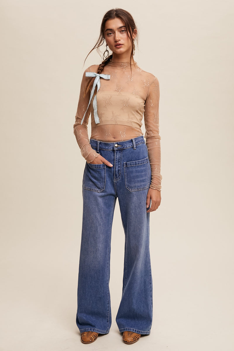 Sheer Lace Long-sleeve Top in Beige (XS-XL)