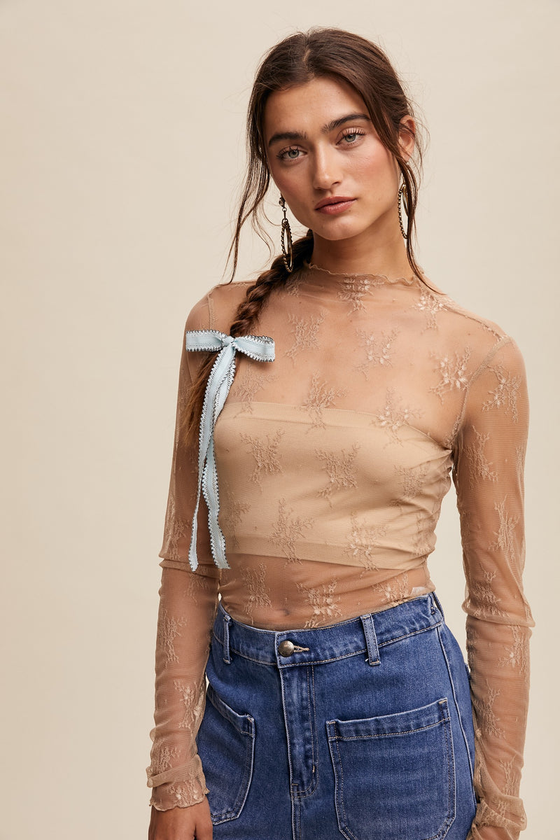 Sheer Lace Long-sleeve Top in Beige (XS-XL)