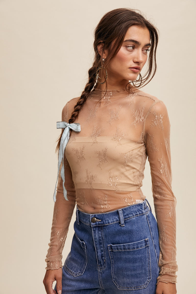 Sheer Lace Long-sleeve Top in Beige (XS-XL)