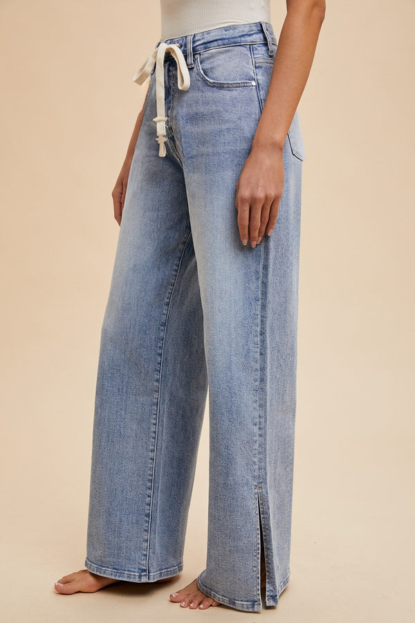 Waist Strap Detail Stretch Side Slit Wide Leg Jean