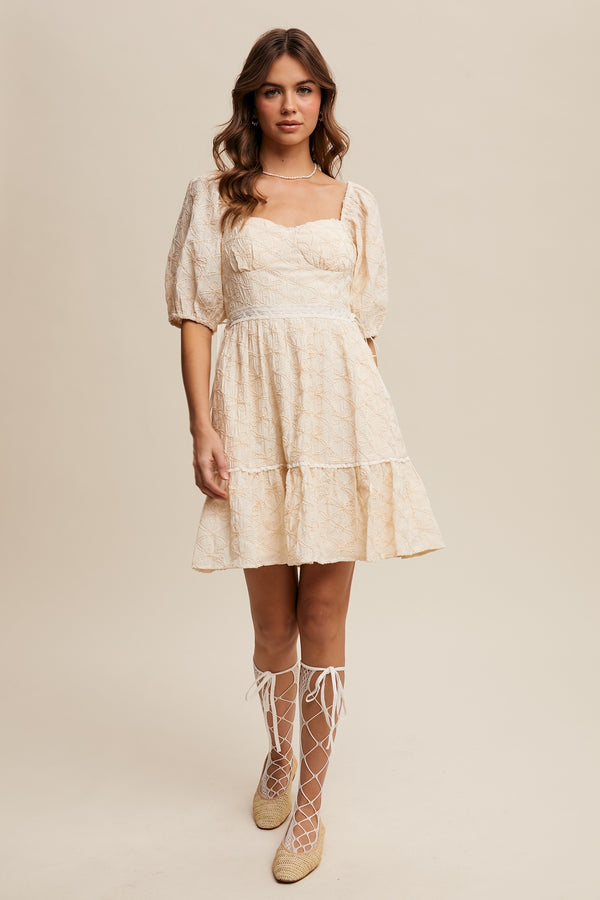 Embroidered Puff-sleeve Mini Dress in Ecru