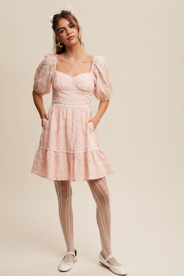 Embroidered Puff-sleeve Mini Dress in Mute Pink