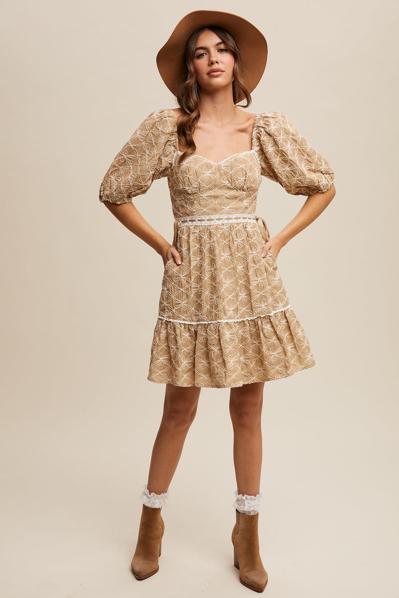 Embroidered Puff-sleeve Mini Dress in Taupe