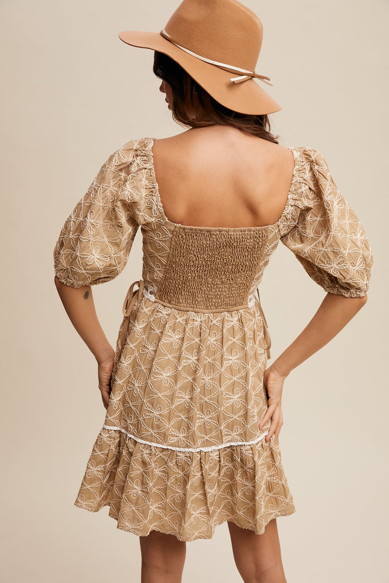 Embroidered Puff-sleeve Mini Dress in Taupe