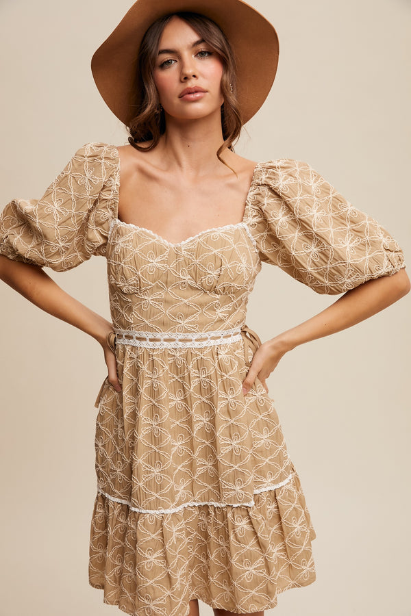 Embroidered Puff-sleeve Mini Dress in Taupe