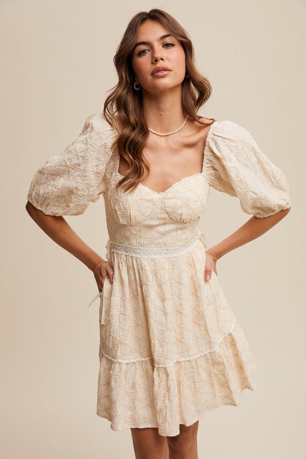 Embroidered Puff-sleeve Mini Dress in Ecru