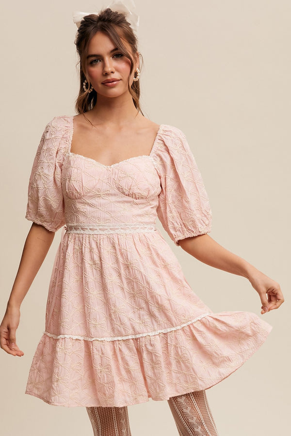 Embroidered Puff-sleeve Mini Dress in Mute Pink