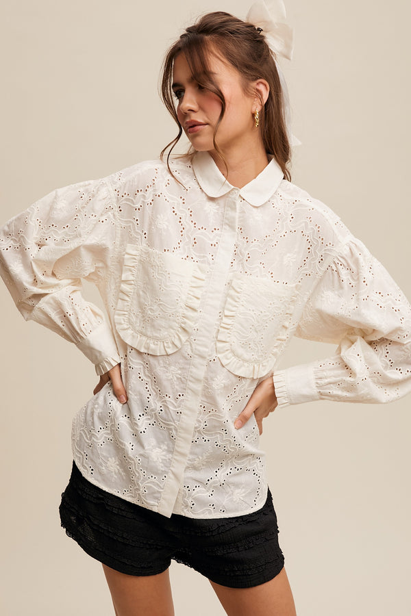 Eyelet Ruffle Pocket Button-up Blouse