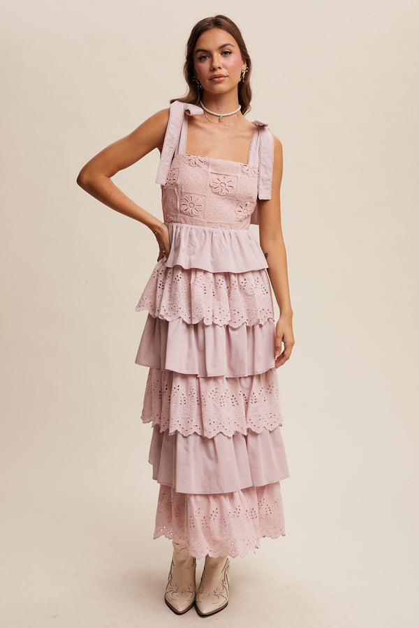 Tiered Eyelet Maxi Dress in Light Mauve