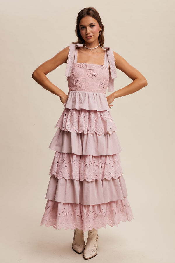 Tiered Eyelet Maxi Dress in Light Mauve